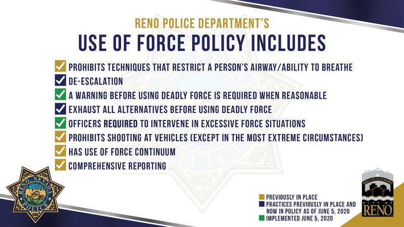 Gráfica con lista de la actual y nueva política sobre el uso de fuerza por la policía de Reno