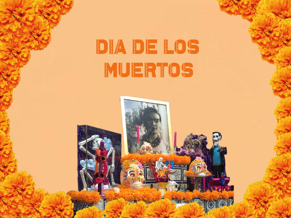 imagen con altar para el dia de los muertos con foto de Frida Kahlo