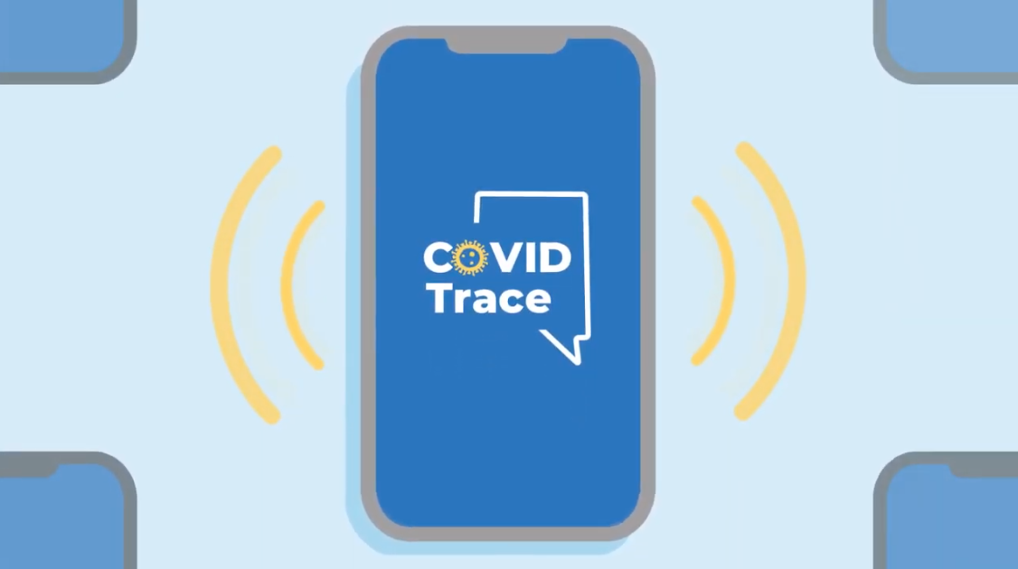 Ilustración de un celular con palabras COVID Trace en la pantalla