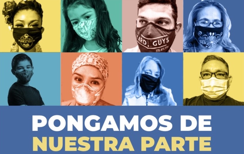 Cartel con fotos de latinos con máscaras. Al final dice, “Pongamos de Nuestra Parte”.