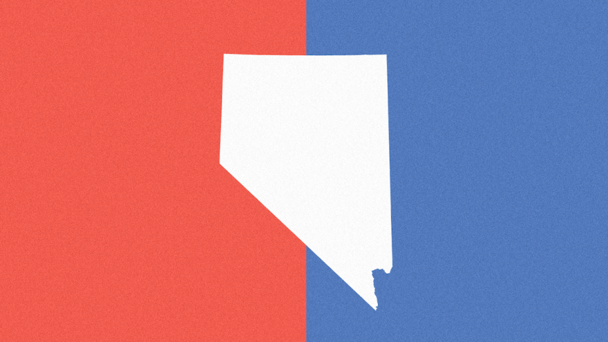 Se muestra una silueta de Nevada dividida igualmente por un fondo rojo y azul.