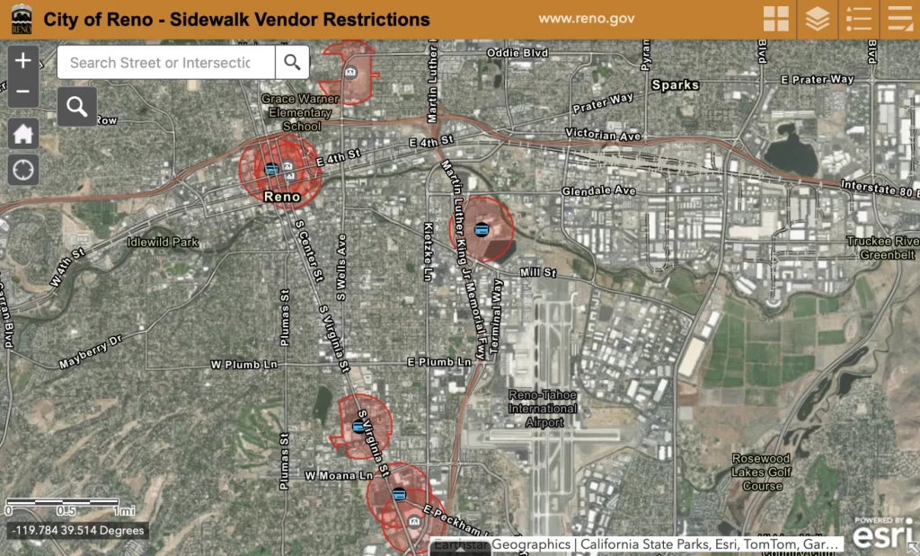 La imagen muestra un mapa de dónde no se permite vender a los vendedores ambulantes de Reno