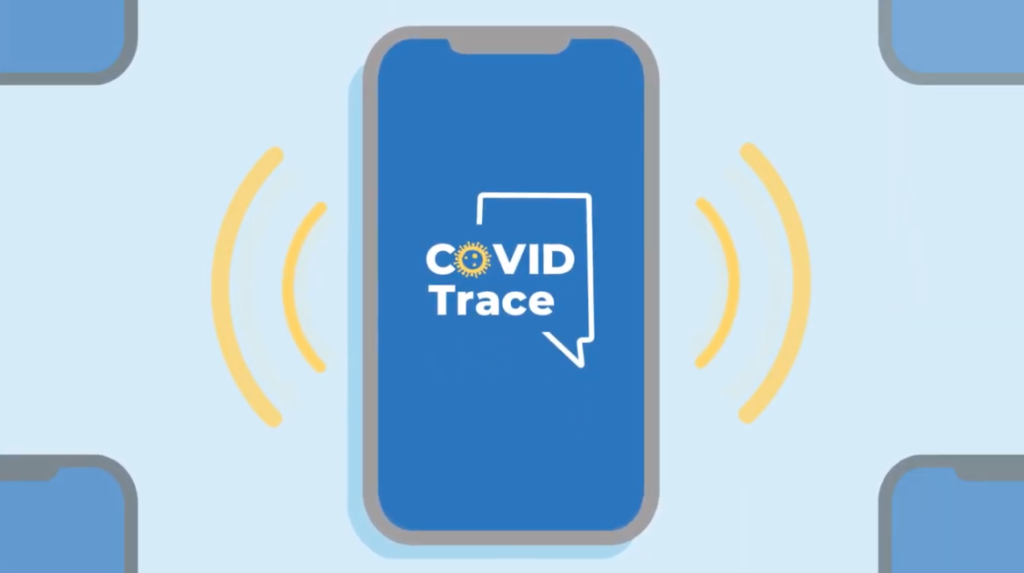 Ilustración de un celular con palabras COVID Trace en la pantalla
