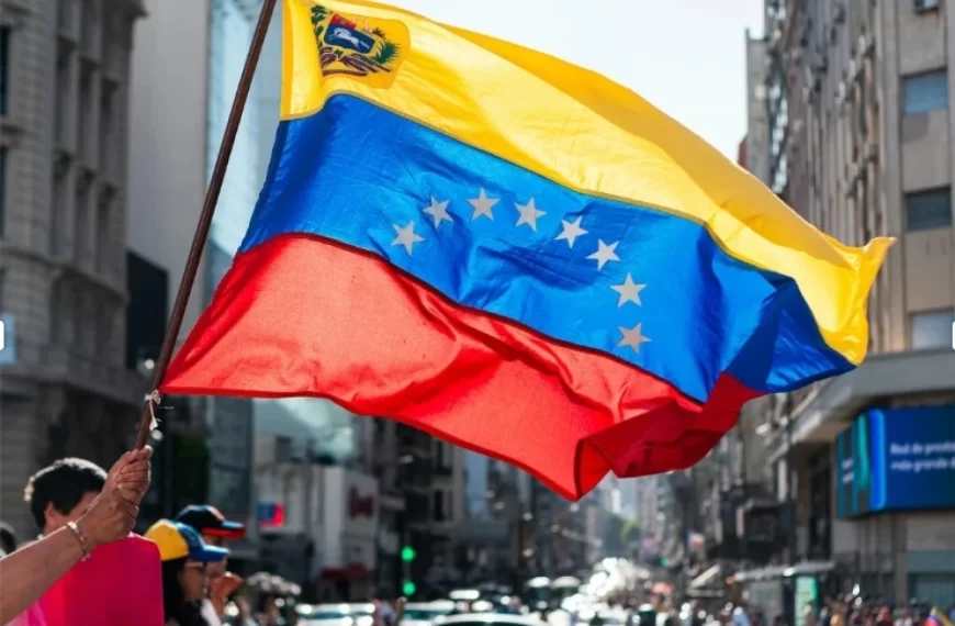 Hombre vuela la bandera venezolana en las calles de Buenos Aires.