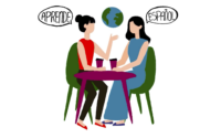 Graphic of two women seated and talking. Above their heads it reads, "aprende español," learn Spanish!