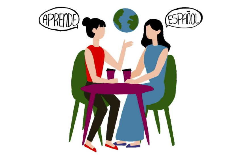 Graphic of two women seated and talking. Above their heads it reads, "aprende español," learn Spanish!